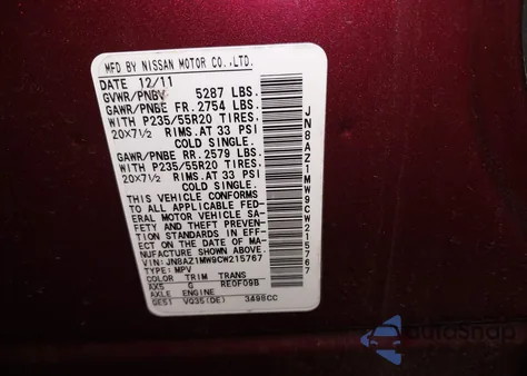 2012 Nissan Murano Le from USA, damaged, VIN JN8AZ1MW9CW215767